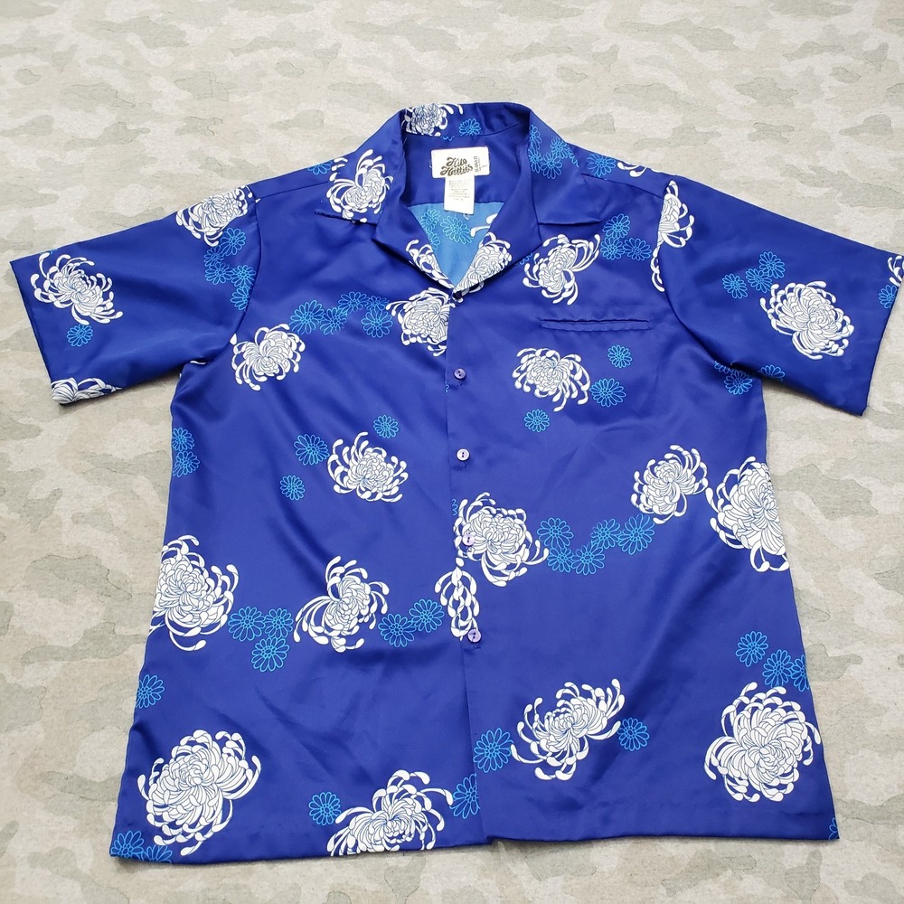 Vintage Hilo Hattie Shirt Mens XL Blue Pockets Short Sleeve Button-Up Hawiian